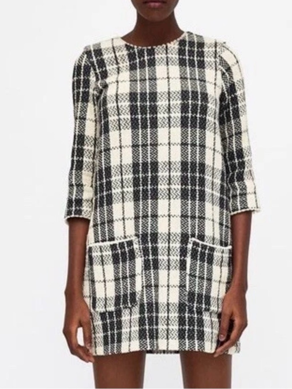 Zara Black and Cream Plaid Mini Shift Dress